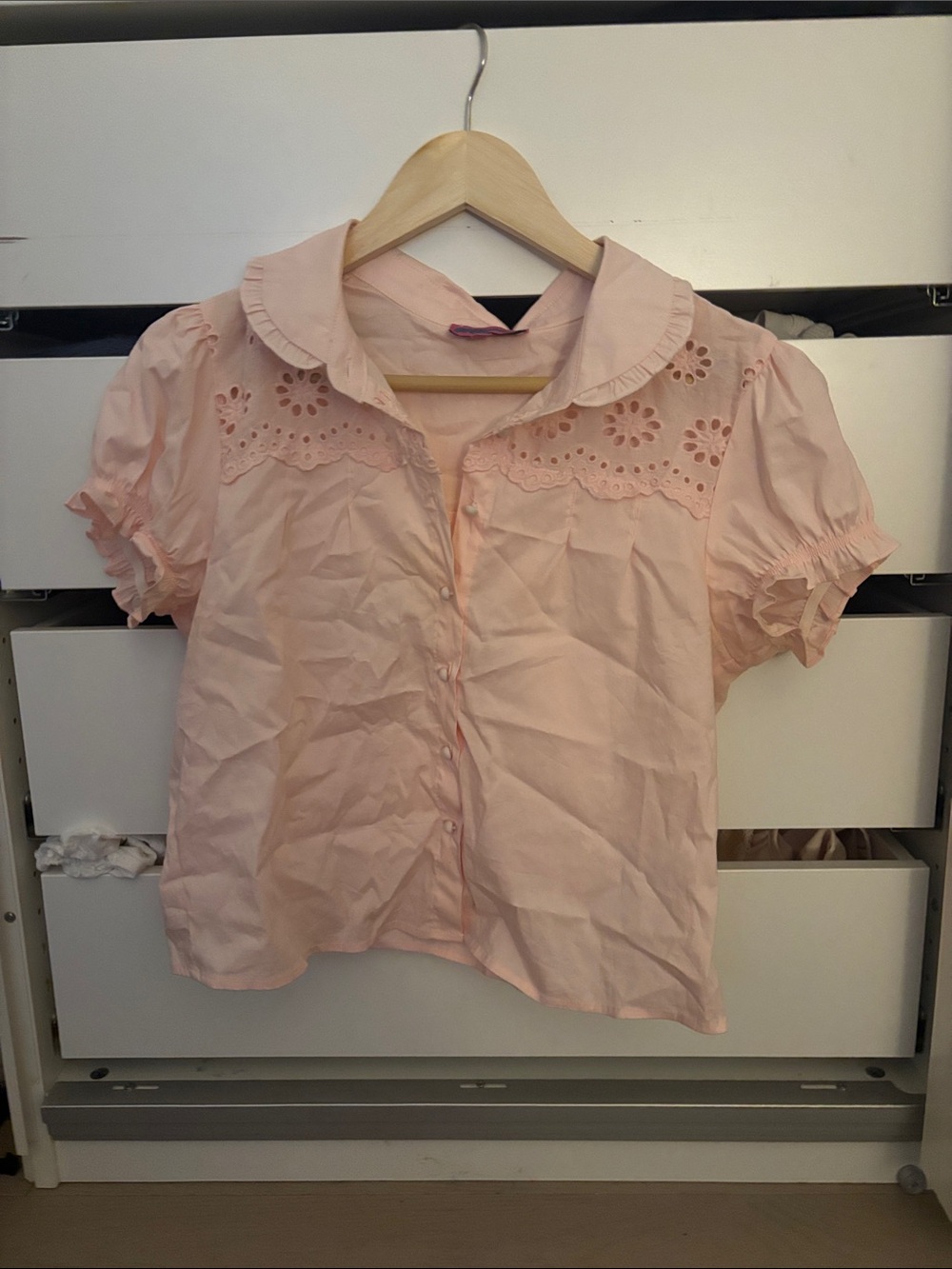 Edikted Pale Pink Eyelet Scallop Collar Button-Down Blouse